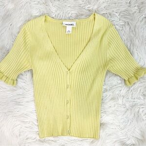 MONKI YELLOW RIBBED SHORT SLEEVE BUTTON FRONT V-NECK CROP CARDIGAN SWEATER SZ XS